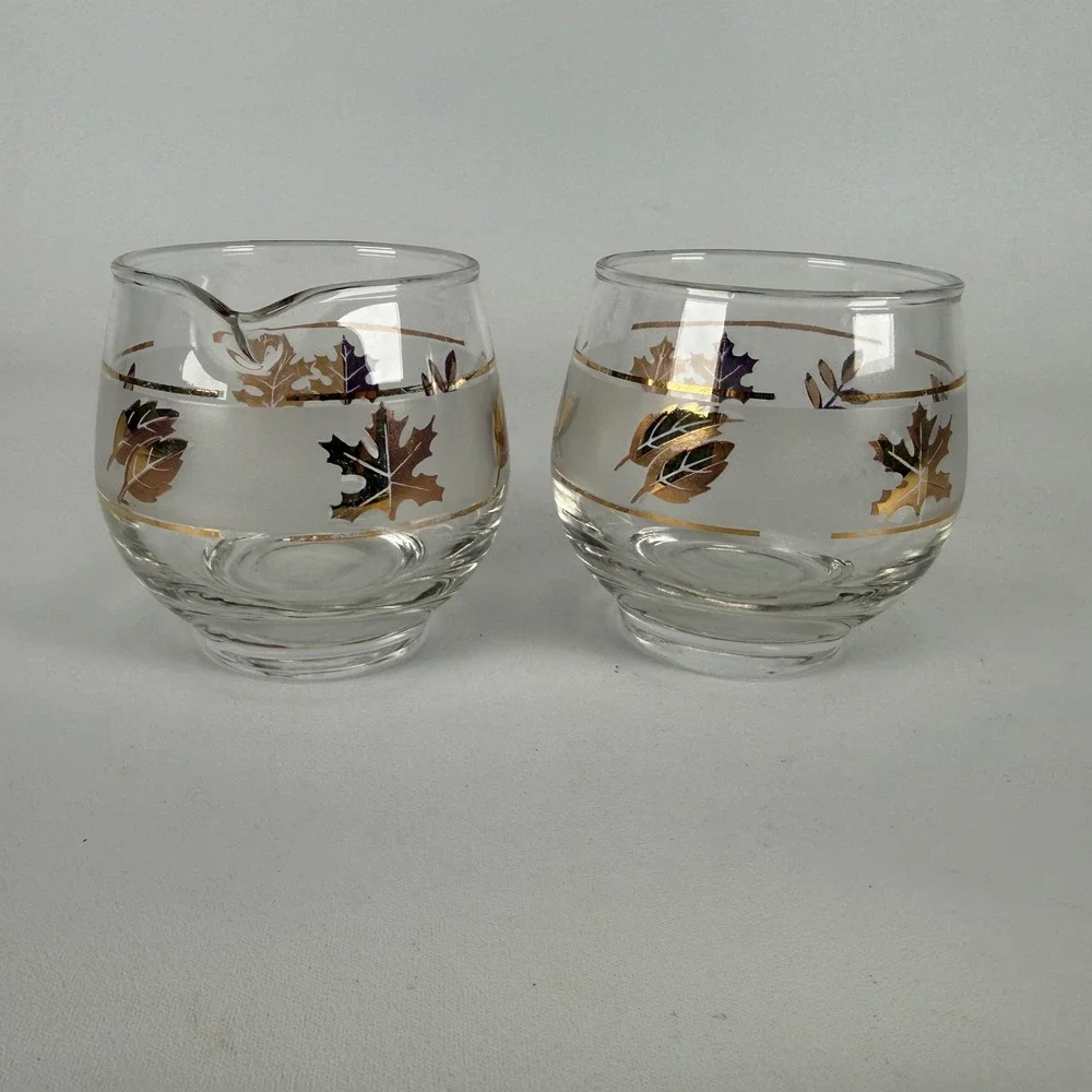Vintage Libbey Golden Foliage Glass Cream and Sugar Set Mid Century Modern Gold